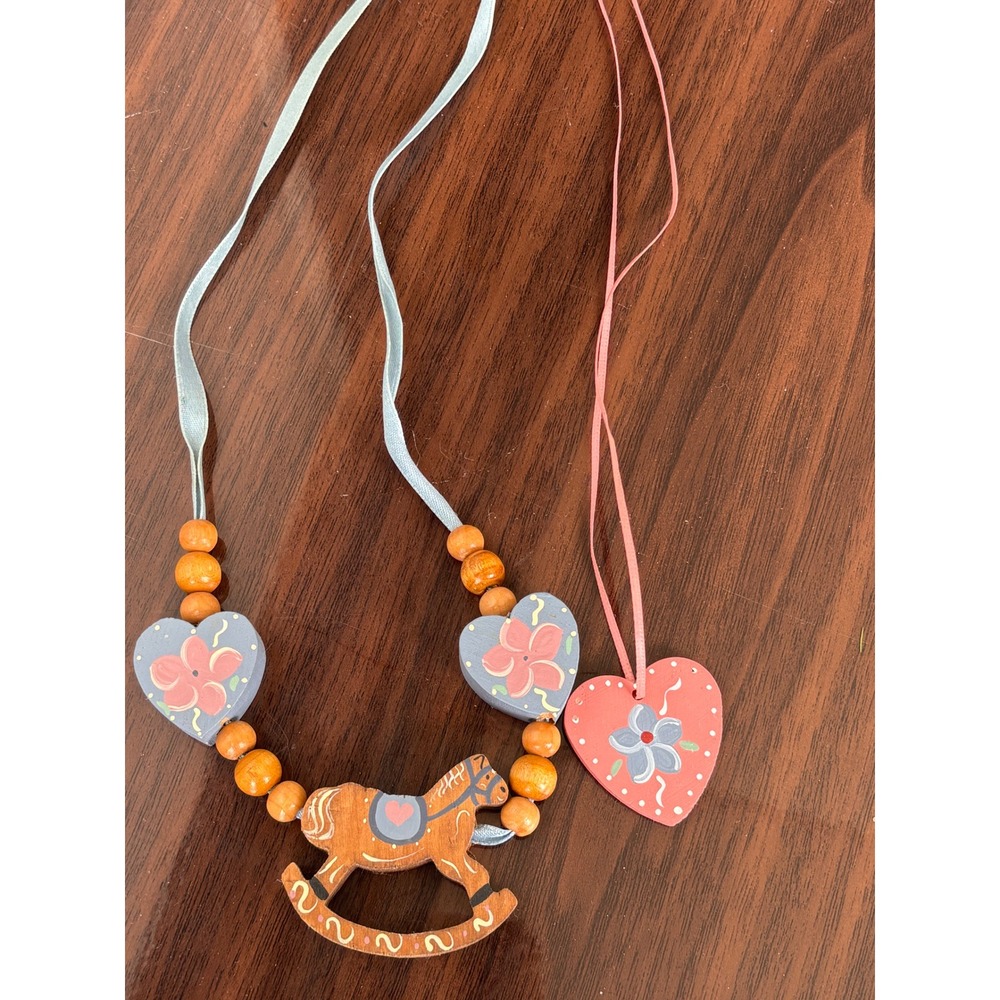 Hand Painted Wooden Rocking Horse Heart Necklaces Country Folk Art Cottagecore